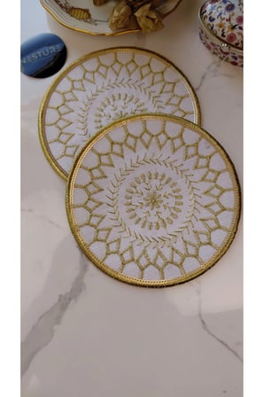 GOLD Pul ve Nakış İşlemeli Linen Keten Kokteyl Sunum Peçetesi 2’li |Otantik Mandala Serisi Aria- Tek Pul