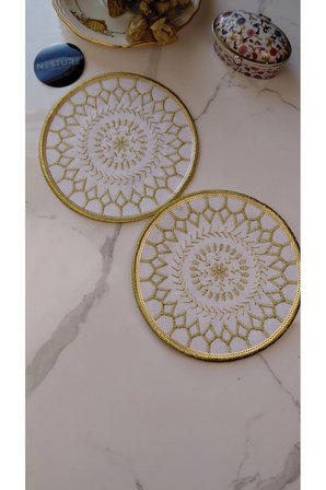 GOLD Pul ve Nakış İşlemeli Linen Keten Kokteyl Sunum Peçetesi 2’li |Otantik Mandala Serisi Aria- Tek Pul