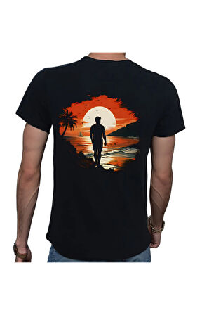 Man On Island T-shirt %100 Pamuklu Siyah Penye Basic Erkek Tişört