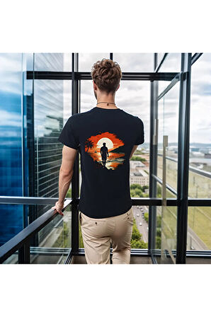 Man On Island T-shirt %100 Pamuklu Siyah Penye Basic Erkek Tişört