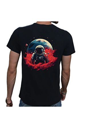 Man On The Moon T-shirt %100 Pamuklu Siyah Penye Basic Erkek Tişört