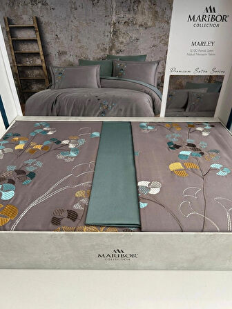 Maribor Collection Marley - %100 Pamuk Saten Nakışlı Nevresim Takımı - Gri