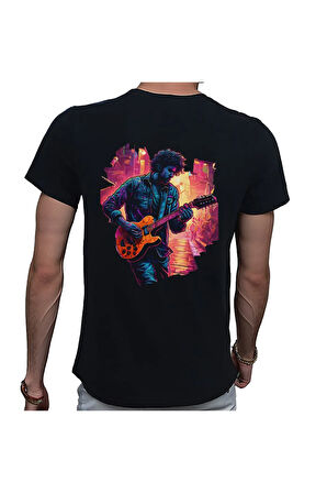 Neon Guitar T-shirt %100 Pamuklu Siyah Penye Basic Erkek Tişört