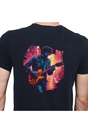 Neon Guitar T-shirt %100 Pamuklu Siyah Penye Basic Erkek Tişört