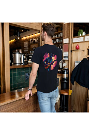 Neon Guitar T-shirt %100 Pamuklu Siyah Penye Basic Erkek Tişört