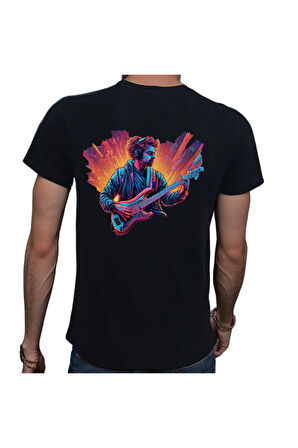 Neon Guitar T-shirt %100 Pamuklu Siyah Penye Basic Erkek Tişört