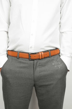 Parscraft Battal Boy / Büyük Beden / Uzun Boy XXL 3,5 cm İğne Desenli Taba Klasik Erkek Hakiki Deri Kemer