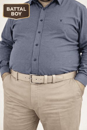 Parscraft Battal Boy / Büyük Beden / Uzun Boy XXL 3,5 cm Krem Klasik Erkek Hakiki Deri Kemer