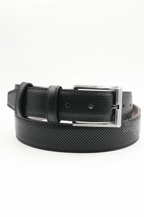 Parscraft Battal Boy / Büyük Beden / Uzun Boy XXL 3,5 cm İğne Desenli Siyah Klasik Erkek Hakiki Deri Kemer