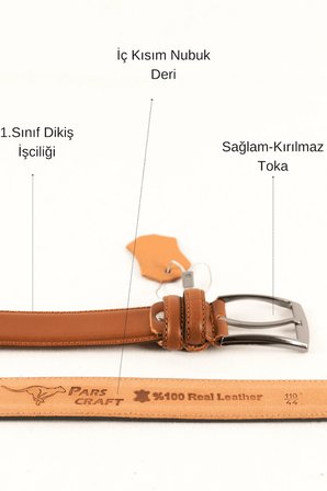 Parscraft Battal Boy / Büyük Beden / Uzun Boy XXL 3,5 cm Taba Klasik Erkek Hakiki Deri Kemer