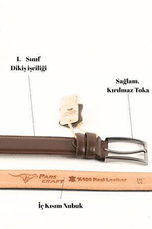 Parscraft Battal Boy / Büyük Beden 3,5 cm Kahve Klasik Erkek Hakiki Deri Kemer