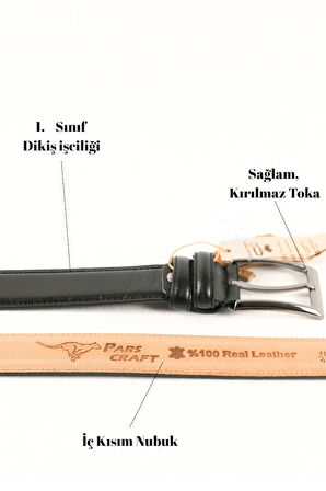 Parscraft Battal Boy / Büyük Beden 3,5 cm Siyah Klasik Erkek Hakiki Deri Kemer