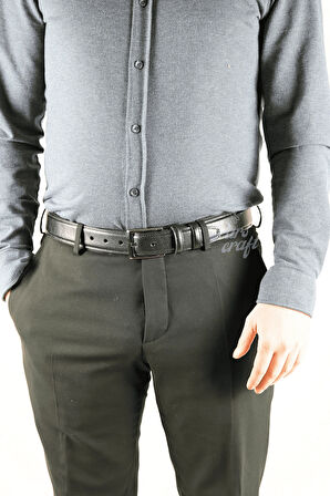 Parscraft Battal Boy / Büyük Beden 3,5 cm Siyah Klasik Erkek Hakiki Deri Kemer