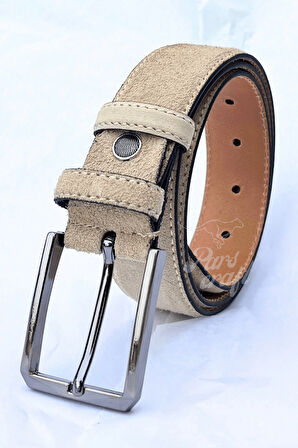 Hakiki Süet Deri Bej Erkek Kemer 3,5 cm Orijinal Klasik Kumaş Pantolon Kemeri