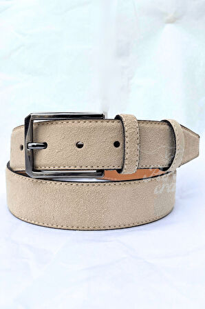 Hakiki Süet Deri Bej Erkek Kemer 3,5 cm Orijinal Klasik Kumaş Pantolon Kemeri