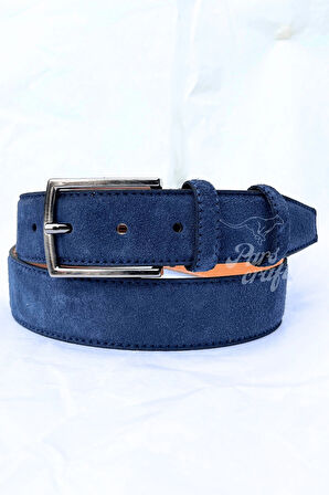 Hakiki Süet Deri Lacivert Erkek Kemer 3,5 cm Orijinal Klasik Kumaş Pantolon Kemeri