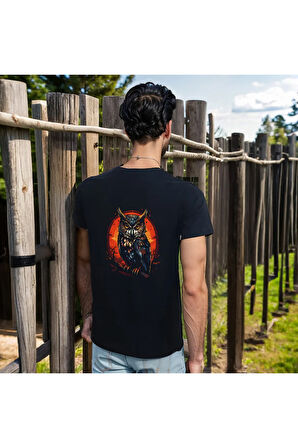 Owl T-shirt %100 Pamuklu Siyah Penye Basic Erkek Tişört