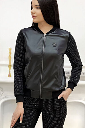 Tamamı Crystal Taşlı Suni Derili Üç Iplik Fermuarlı Siyah Pamuk Kadın Eşofman Takımı