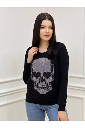 Kurukafa Crystal Taşlı Üç Iplik Pamuk Siyah Rahat Büyük Beden Kadın Sweatshirt