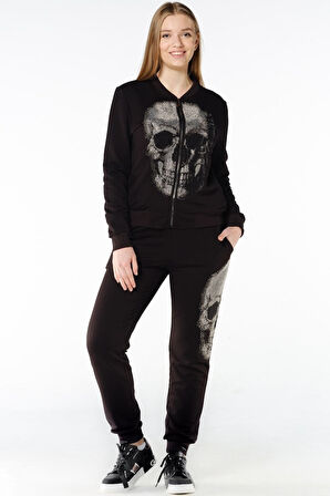 Büyük Beden Lacivert Kurukafa Crystal Taşlı Fermuarlı Plus Size Kadın Eşofman Takım