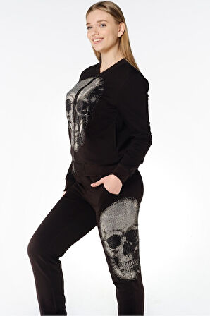 Büyük Beden Lacivert Kurukafa Crystal Taşlı Fermuarlı Plus Size Kadın Eşofman Takım