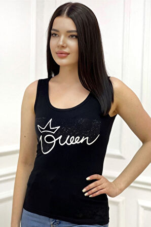 Dar Kesim / Slim Fit Queen Crystal Taşlı Baskılı Pamuk Kolsuz T-shirt Kalın Askılı Siyah Kadın Atlet