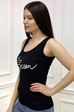Dar Kesim / Slim Fit Queen Crystal Taşlı Baskılı Pamuk Kolsuz T-shirt Kalın Askılı Siyah Kadın Atlet