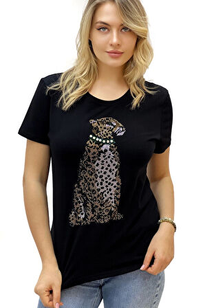 Kaplan Crystal Taşlı Büyük Beden Regular Fit Plus Size Beyaz Şık Kadın T-shirt