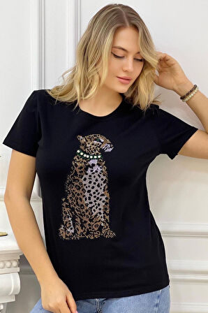 Kaplan Crystal Taşlı Büyük Beden Regular Fit Plus Size Beyaz Şık Kadın T-shirt