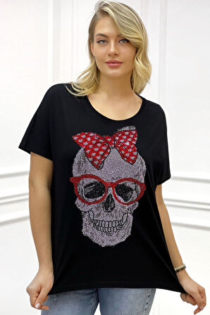 Bol Kesim Büyük Beden Crystal Kurukafa Taşlı Kırmızı Pamuk Kadın Şık Rahat Yarasa Kol T-shirt