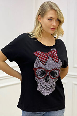 Bol Kesim Büyük Beden Crystal Kurukafa Taşlı Kırmızı Pamuk Kadın Şık Rahat Yarasa Kol T-shirt
