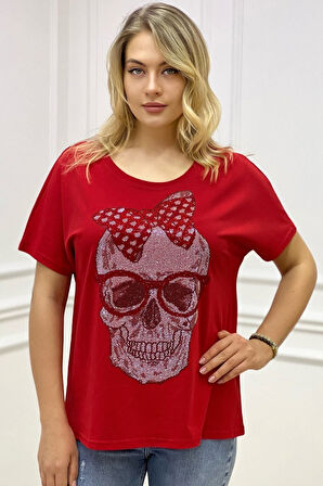 Bol Kesim Büyük Beden Crystal Kurukafa Taşlı Kırmızı Pamuk Kadın Şık Rahat Yarasa Kol T-shirt