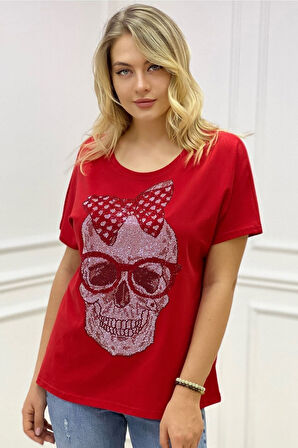 Bol Kesim Büyük Beden Crystal Kurukafa Taşlı Kırmızı Pamuk Kadın Şık Rahat Yarasa Kol T-shirt