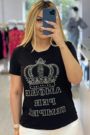 Büyük Beden Taç Desen Yazılı Crystal Taşlı Plus Size Şık Rahat Kırmızı Kadın Kısa Kol T-shirt