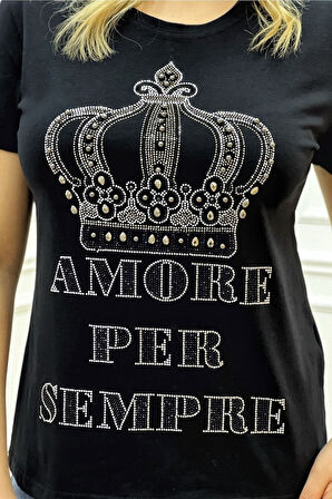Büyük Beden Taç Desen Yazılı Crystal Taşlı Plus Size Şık Rahat Kırmızı Kadın Kısa Kol T-shirt