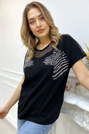 Rahat Kalıp Büyük Beden Zebra Crystal Taşlı Beyaz Kadın Şık Pamuk T-shirt