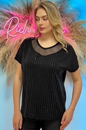 Rahat Kalıp File Detaylı Büyük Beden Crystal Taş Baskılı Pamuk Kadın T-shirt