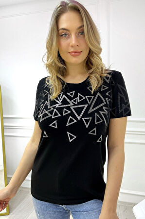 Büyük Beden Bisiklet Yaka Geometrik Desenli Crystal Taşlı Kısa Kol Şık Pamuk Kırmızı Kadın T-shirt