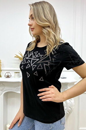 Büyük Beden Bisiklet Yaka Geometrik Desenli Crystal Taşlı Kısa Kol Şık Pamuk Kırmızı Kadın T-shirt