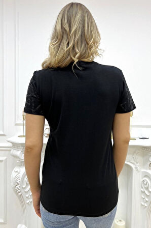 Büyük Beden Bisiklet Yaka Geometrik Desenli Crystal Taşlı Kısa Kol Şık Pamuk Kırmızı Kadın T-shirt