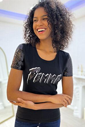 Payetli Femme Yazılı Bisiklet Yaka Kısa Kol Pamuk Kadın T-shirt