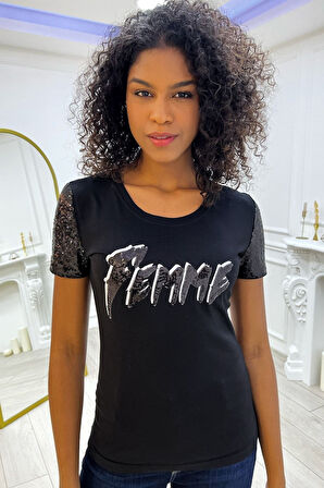 Payetli Femme Yazılı Bisiklet Yaka Kısa Kol Pamuk Kadın T-shirt