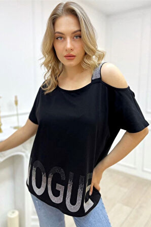 Bol Kesim Büyük Beden Tek Omzu Açık Askılı Crystal Taşlı Şık Rahat Beyaz Kadın Pamuk T-shirt