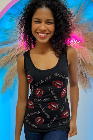 Dar Kesim / Slim Fit Crystal Taş Dudak Baskılı Pamuk Kolsuz Kadın Atlet