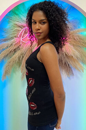 Dar Kesim / Slim Fit Crystal Taş Dudak Baskılı Pamuk Kolsuz Kadın Atlet