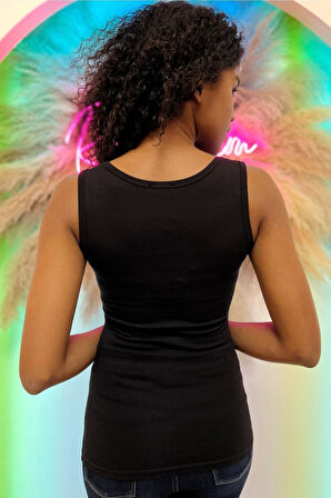 Dar Kesim / Slim Fit Crystal Taş Dudak Baskılı Pamuk Kolsuz Kadın Atlet