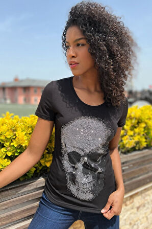 Kırmızı Premium Pamuk Kurukafa Crystal Taşlı Bisiklet Yaka Kısa Kol Kadın T-shirt