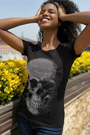 Kırmızı Premium Pamuk Kurukafa Crystal Taşlı Bisiklet Yaka Kısa Kol Kadın T-shirt