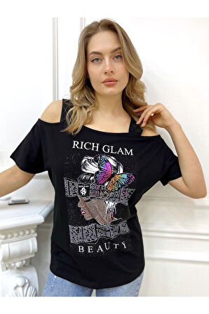 Büyük Beden Siyah Omuzları Açık Baskılı Crystal Taşlı Pamuk Kadın T-shirt