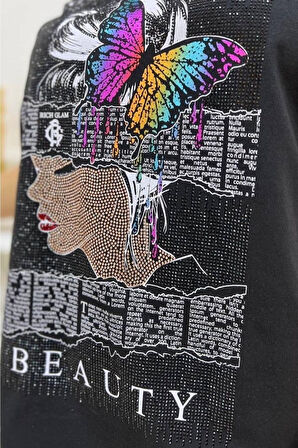 Büyük Beden Siyah Omuzları Açık Baskılı Crystal Taşlı Pamuk Kadın T-shirt